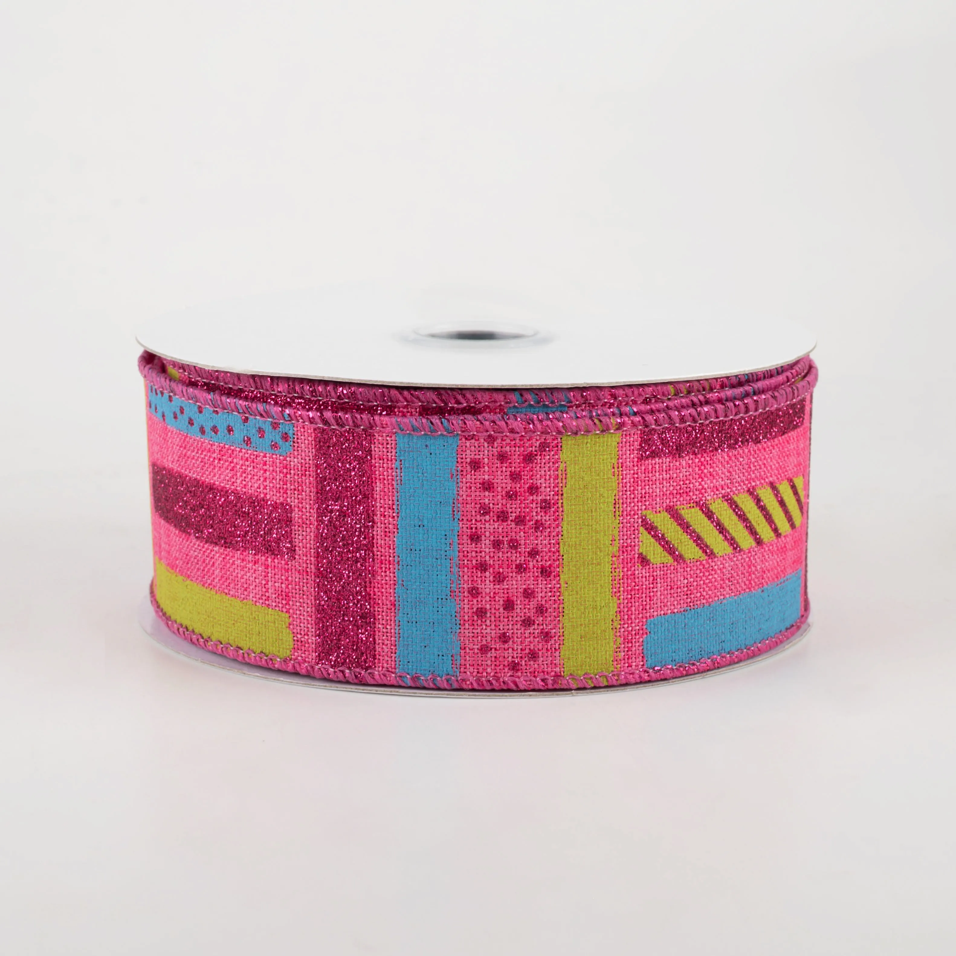 1.5" Brush Stroke Stripes Dots Ribbon: Hot Pink, Turquoise, Lime (10 Yards)