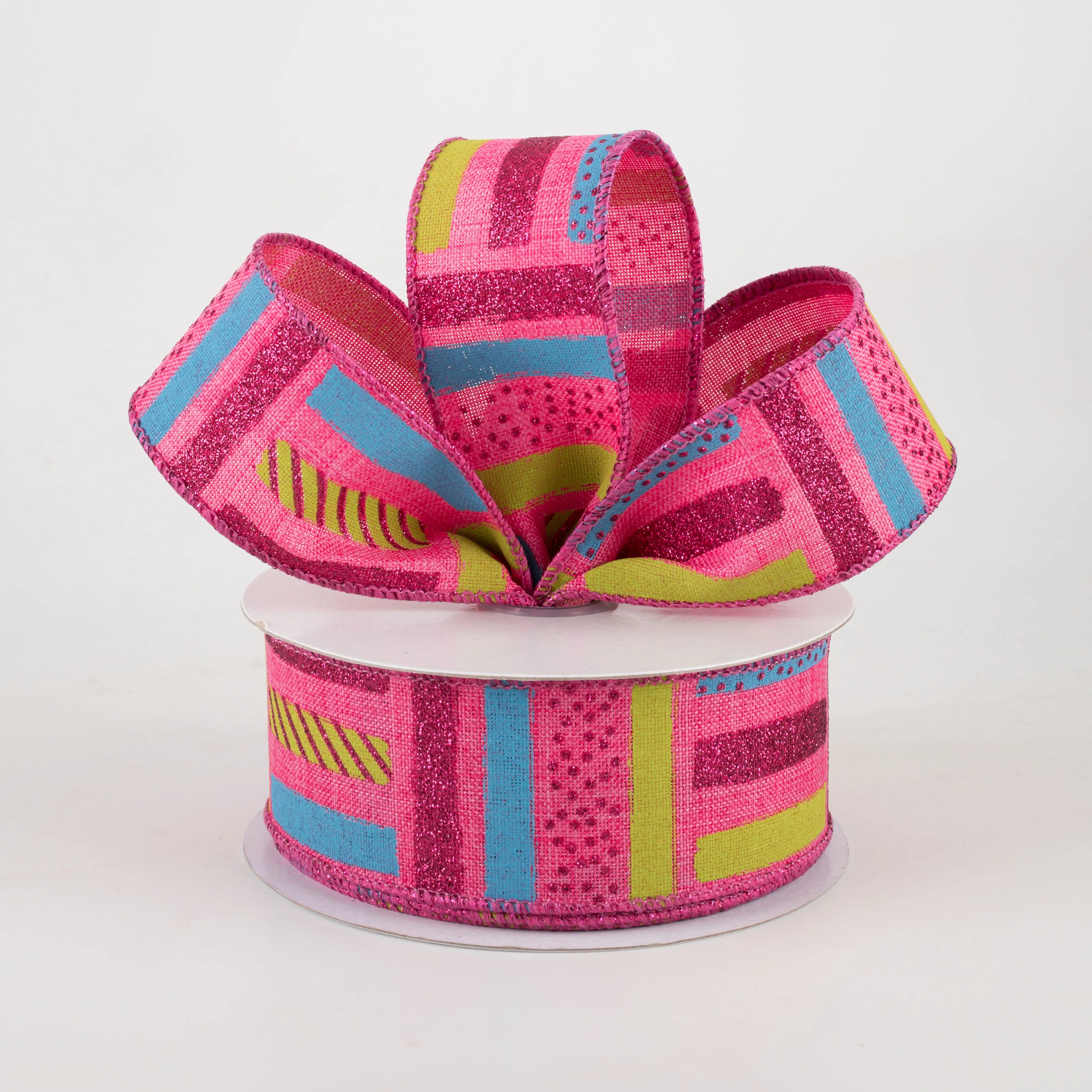 1.5" Brush Stroke Stripes Dots Ribbon: Hot Pink, Turquoise, Lime (10 Yards)