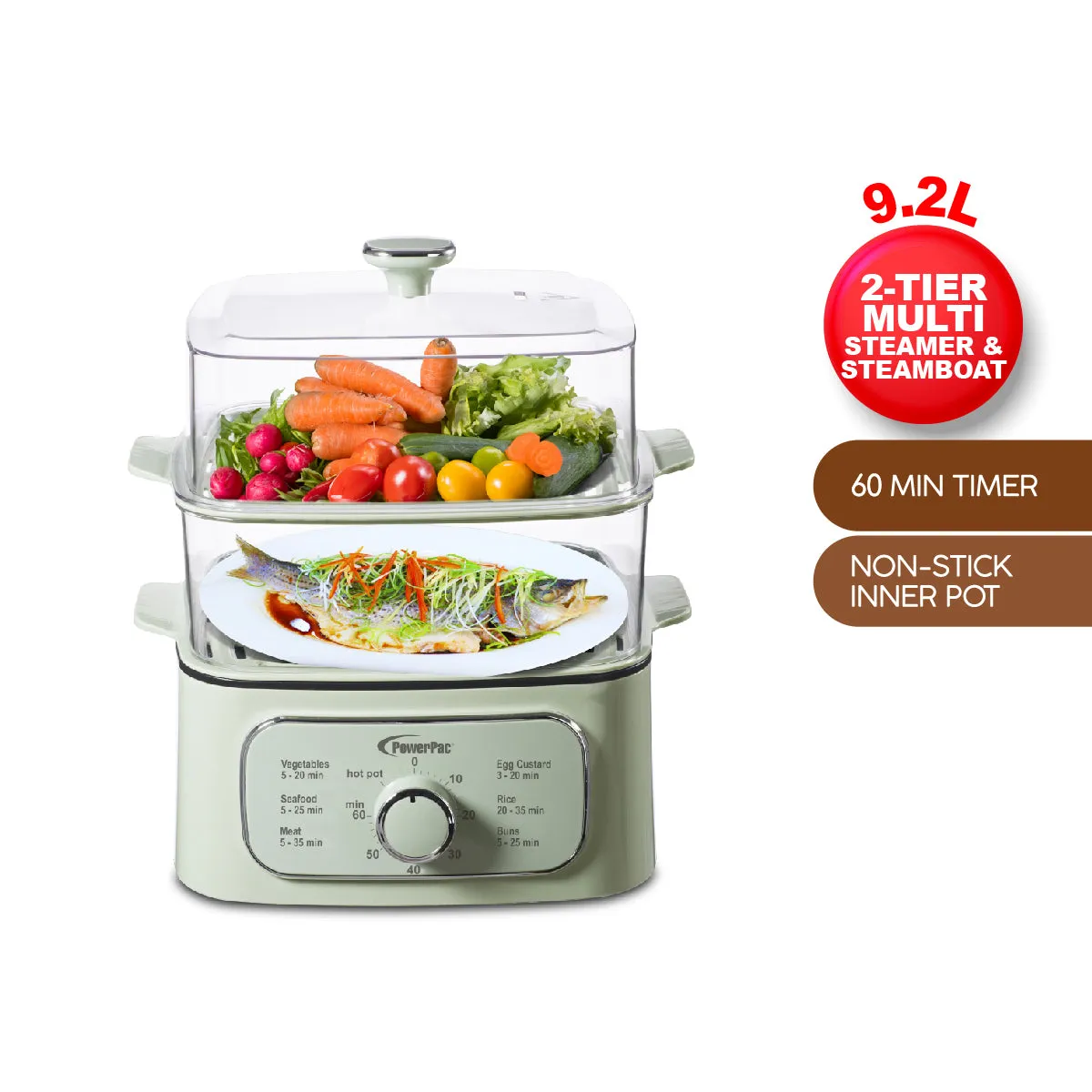 2in1 Multi function 2 Tier Food Steamer & Steamboat, Non-stick Inner Pot, 9.2L (PPS704)