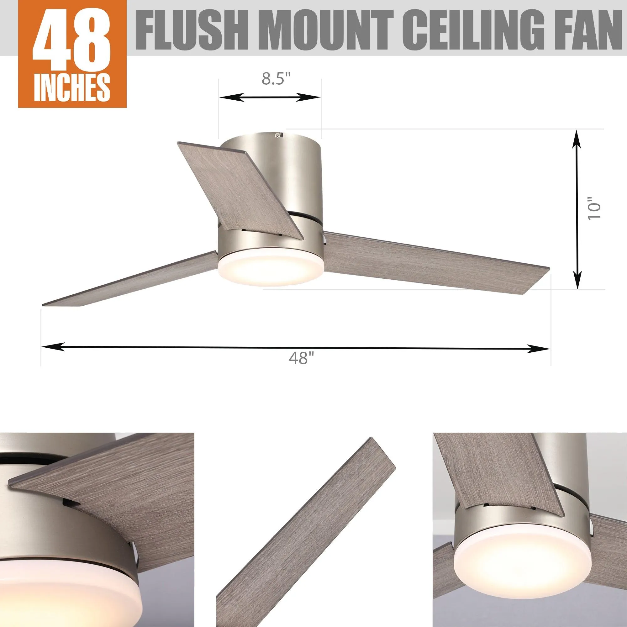 48" Satin Nickel Flush Mount Ceiling Fan with LED Lighting