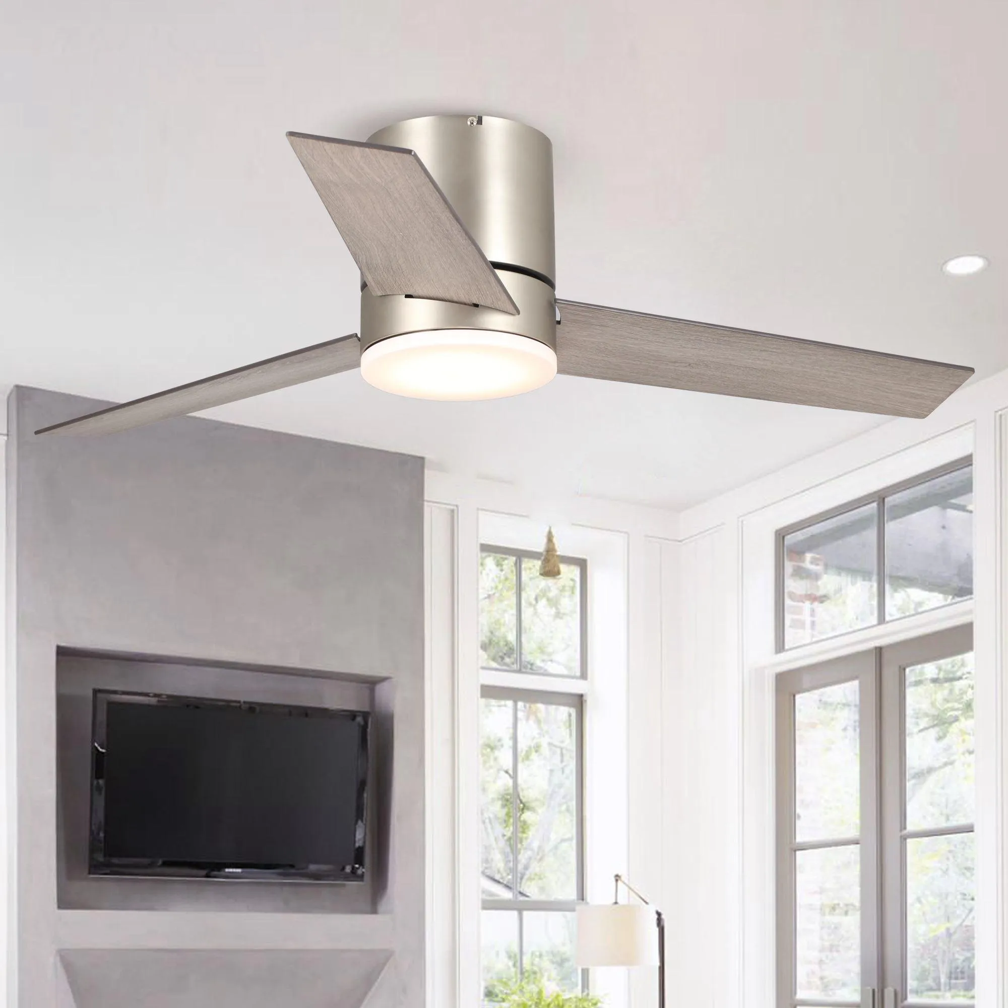 48" Satin Nickel Flush Mount Ceiling Fan with LED Lighting