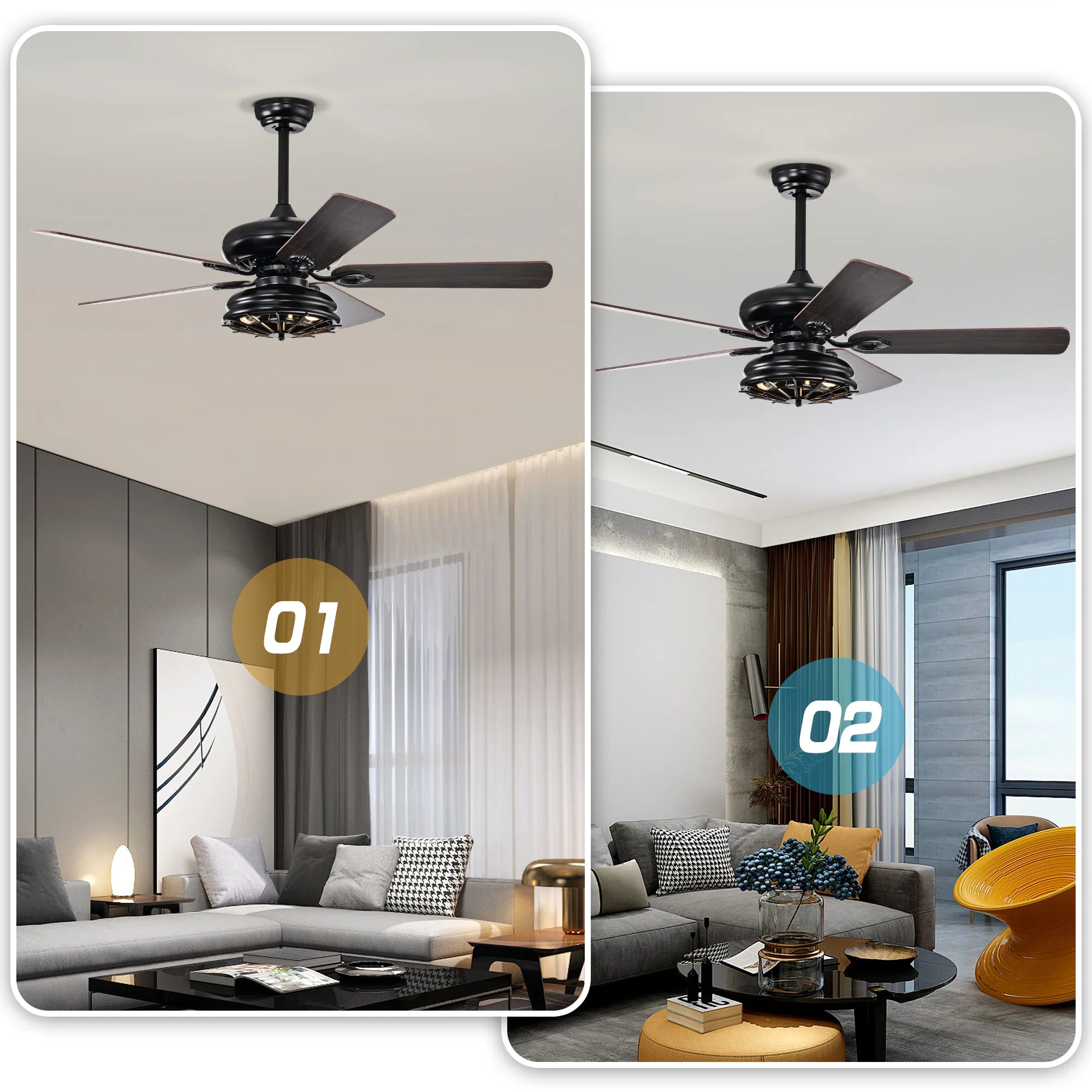 52'' Farmhouse Ceiling Fan Dual Finish Blades Industrial Fandelier --Matte Black