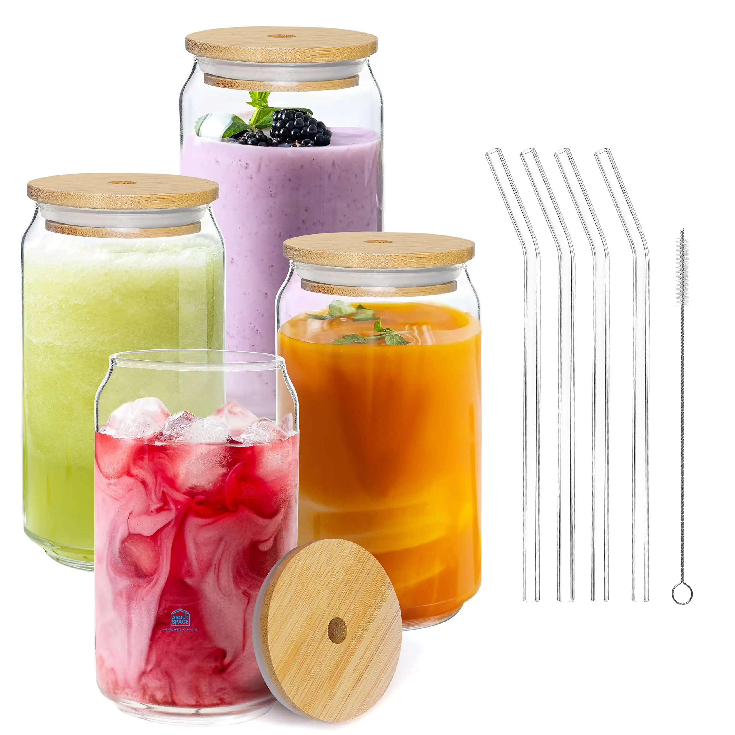 ABOUT SPACE Can Shaped Glass 350 ml - 4pcs Drinking Glass with Bamboo Lids,Sealing Ring,Glass Straw&Cleaning Brush-Temperature Resistant Glass Tumbler Cups for Beer,Coffee,Smoothie,Cocktail,Whiskey