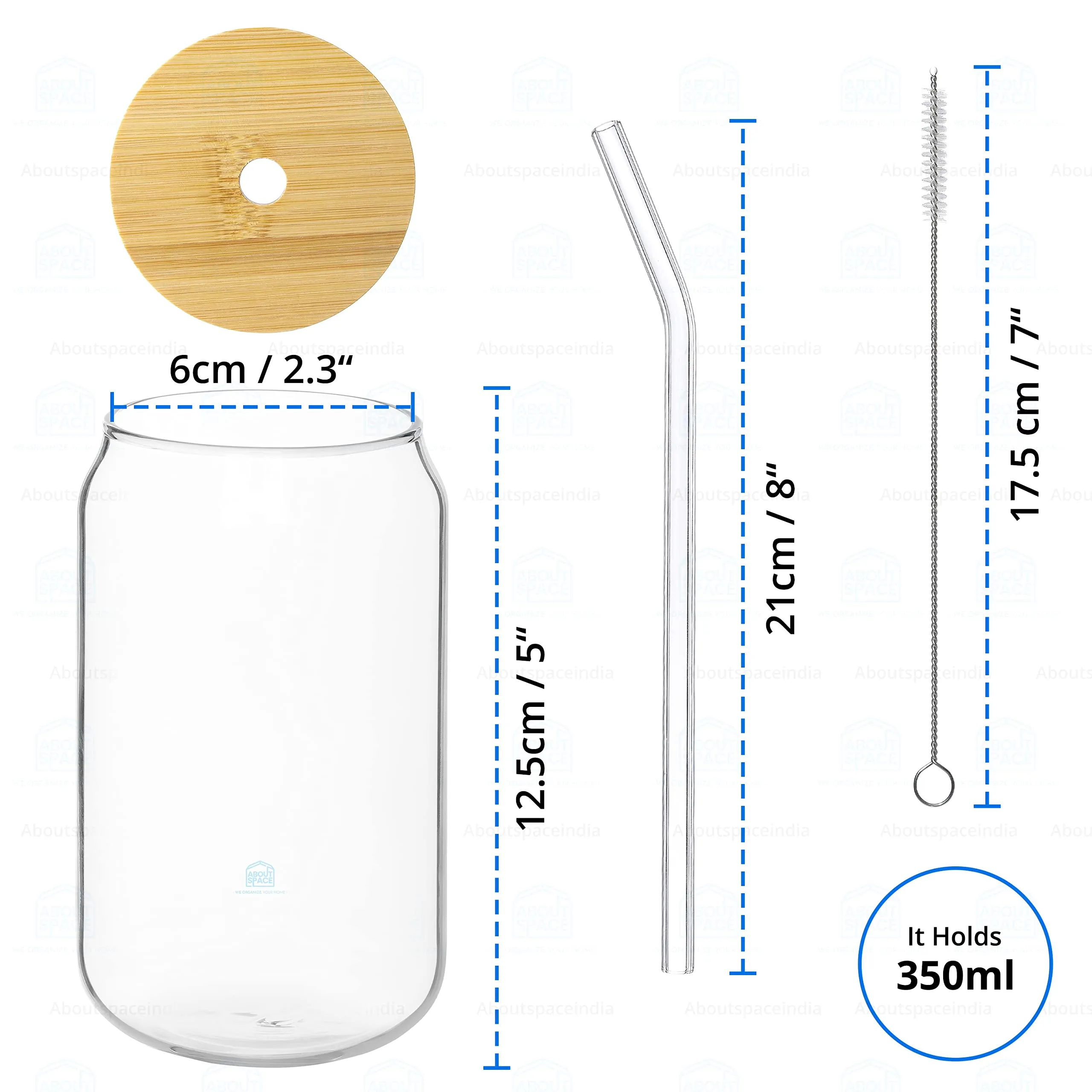 ABOUT SPACE Can Shaped Glass 350 ml - 4pcs Drinking Glass with Bamboo Lids,Sealing Ring,Glass Straw&Cleaning Brush-Temperature Resistant Glass Tumbler Cups for Beer,Coffee,Smoothie,Cocktail,Whiskey