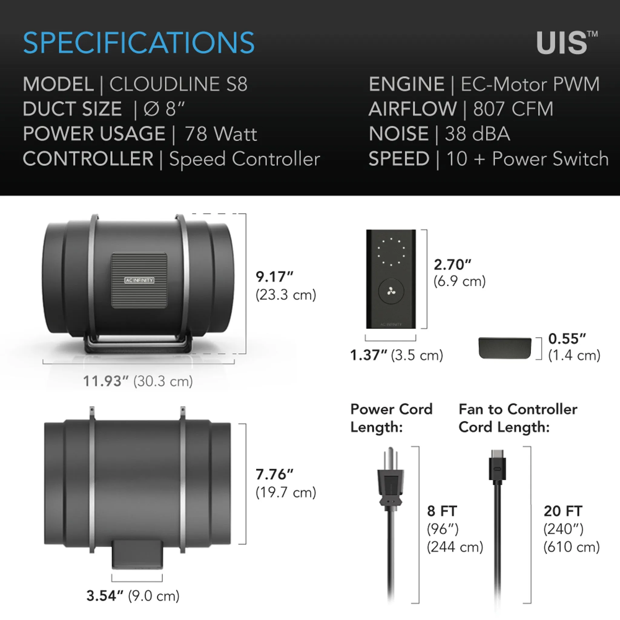 AC Infinity CLOUDLINE PRO S8, Quiet Inline Duct Fan System With Speed Controller, 8-Inch