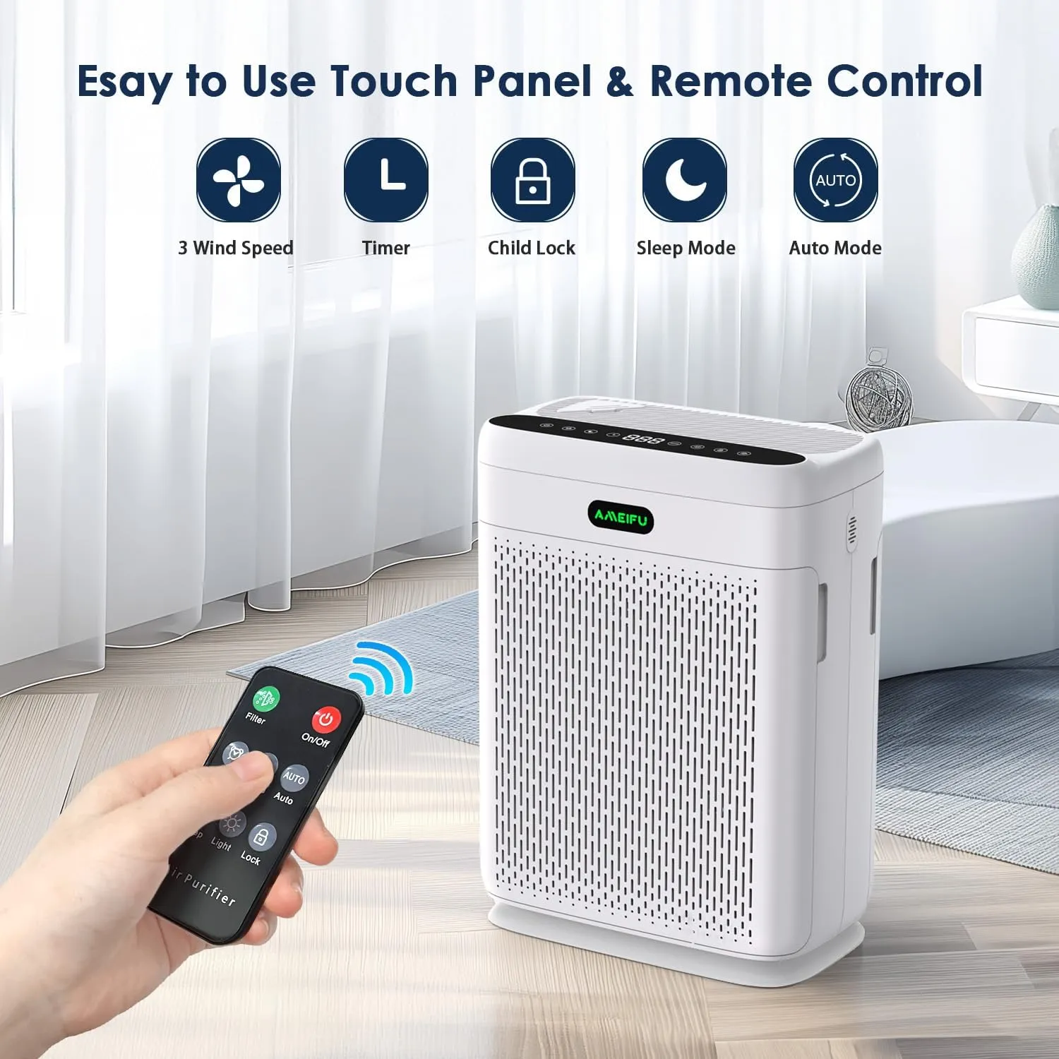 AMEIFU Air Purifiers for Home Large Room up to 1740 ft², Air Purifier with Double-sided Air Inlet, Sleep Mode, PM 2.5 Display Air Quality Sensor for Pets, Smoke, Pollon, Aromatherapy Function