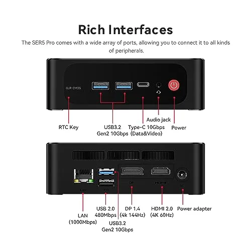 Beelink Mini PC AMD Ryzen 7 5800H (8C/16T, Up to 4.4Ghz), 16GB DDR4 RAM 500GB NVMe SSD, SER5 Pro Mini Desktop Computer Support 4K@60Hz/Triple Display/WiFi6/BT5.2/HDMI DP/Home/Office/Gaming