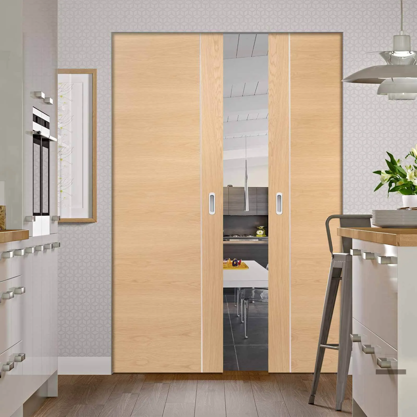 Bespoke Forli Oak Flush Double Frameless Pocket Door - Aluminium Inlay - Prefinished