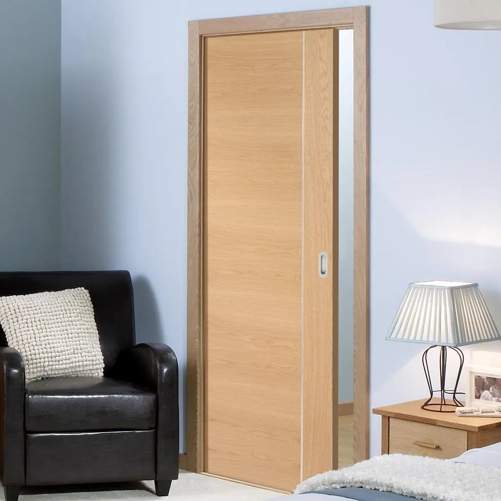 Bespoke Forli Oak Flush Single Pocket Door - Aluminium Inlay - Prefinished