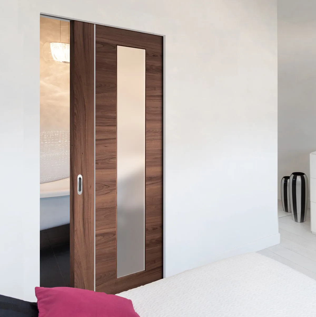 Bespoke Forli Walnut Glazed Single Frameless Pocket Door - Aluminium Inlay - Prefinished