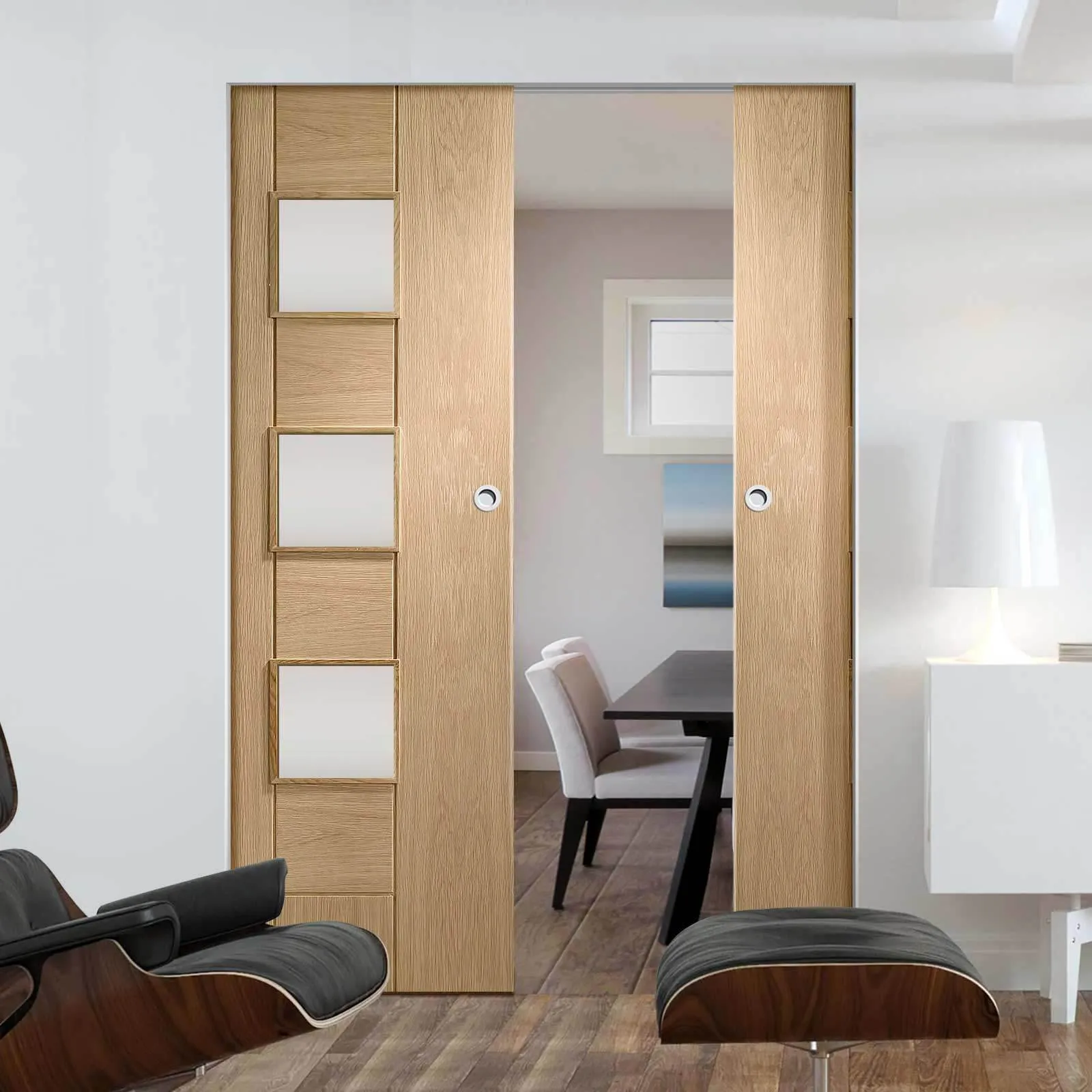 Bespoke Messina Oak Glazed Double Frameless Pocket Door - Prefinished