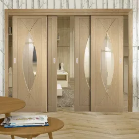 Bespoke Pass-Easi Pesaro Oak Glazed - 4 Sliding Doors and Frame Kit - Prefinished