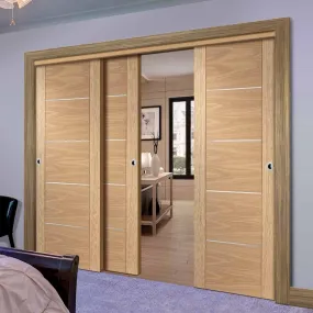 Bespoke Pass-Easi Portici Oak Flush - 3 Sliding Doors and Frame Kit - Aluminium Inlay - Prefinished