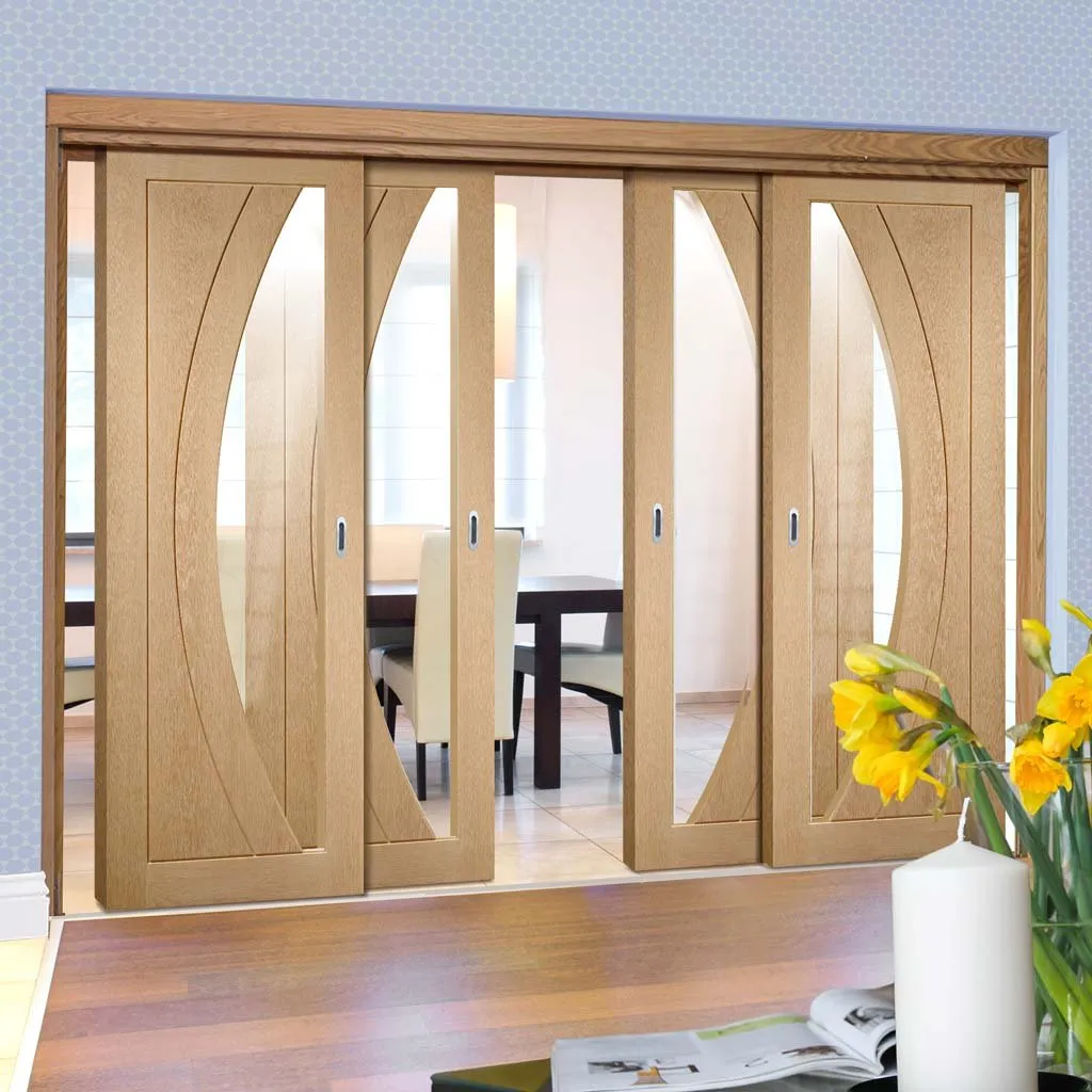 Bespoke Pass-Easi Salerno Oak Glazed - 4 Sliding Doors and Frame Kit - Prefinished