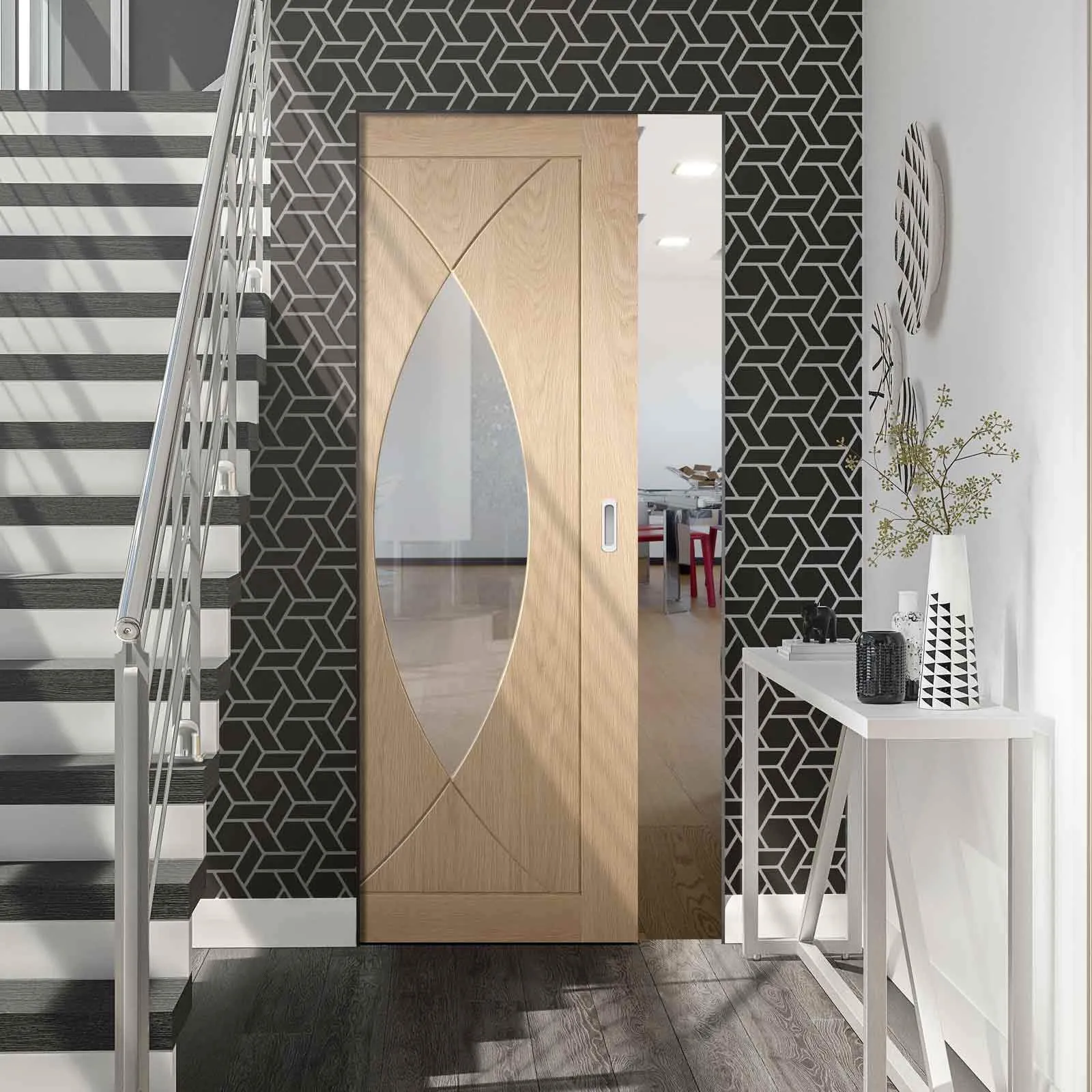 Bespoke Pesaro Oak Glazed Single Frameless Pocket Door - Prefinished