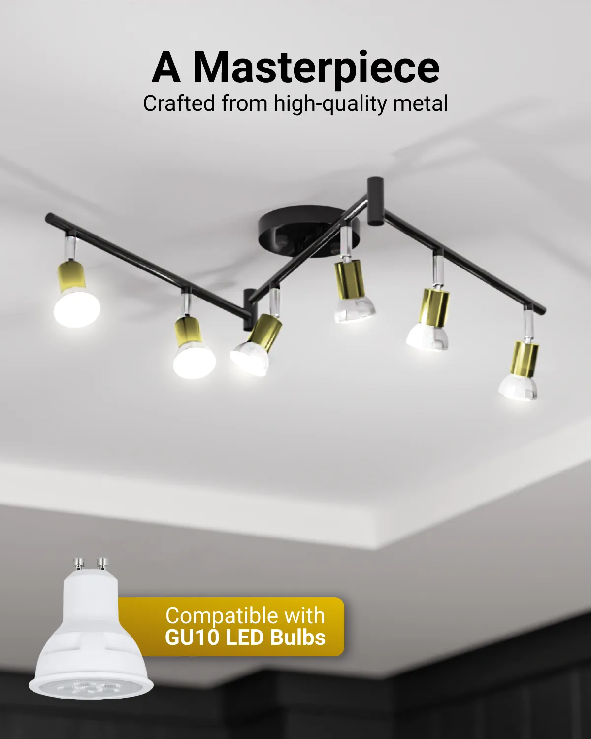 Black Ceiling Track Fixture, 4ft Adjustable, Gold & Silver 6-Light Head