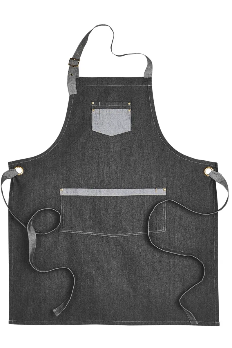 Black Contrast Denim Bib Adjustable Apron (2 Pocket)