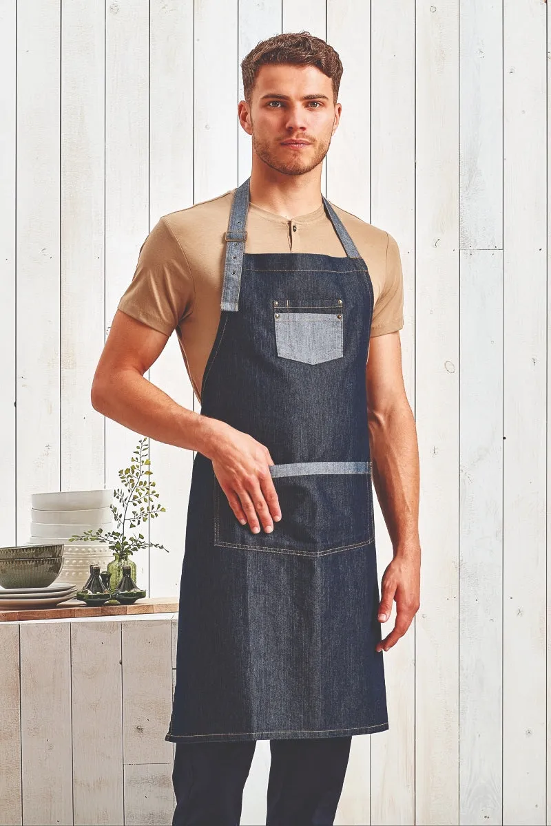 Black Contrast Denim Bib Adjustable Apron (2 Pocket)