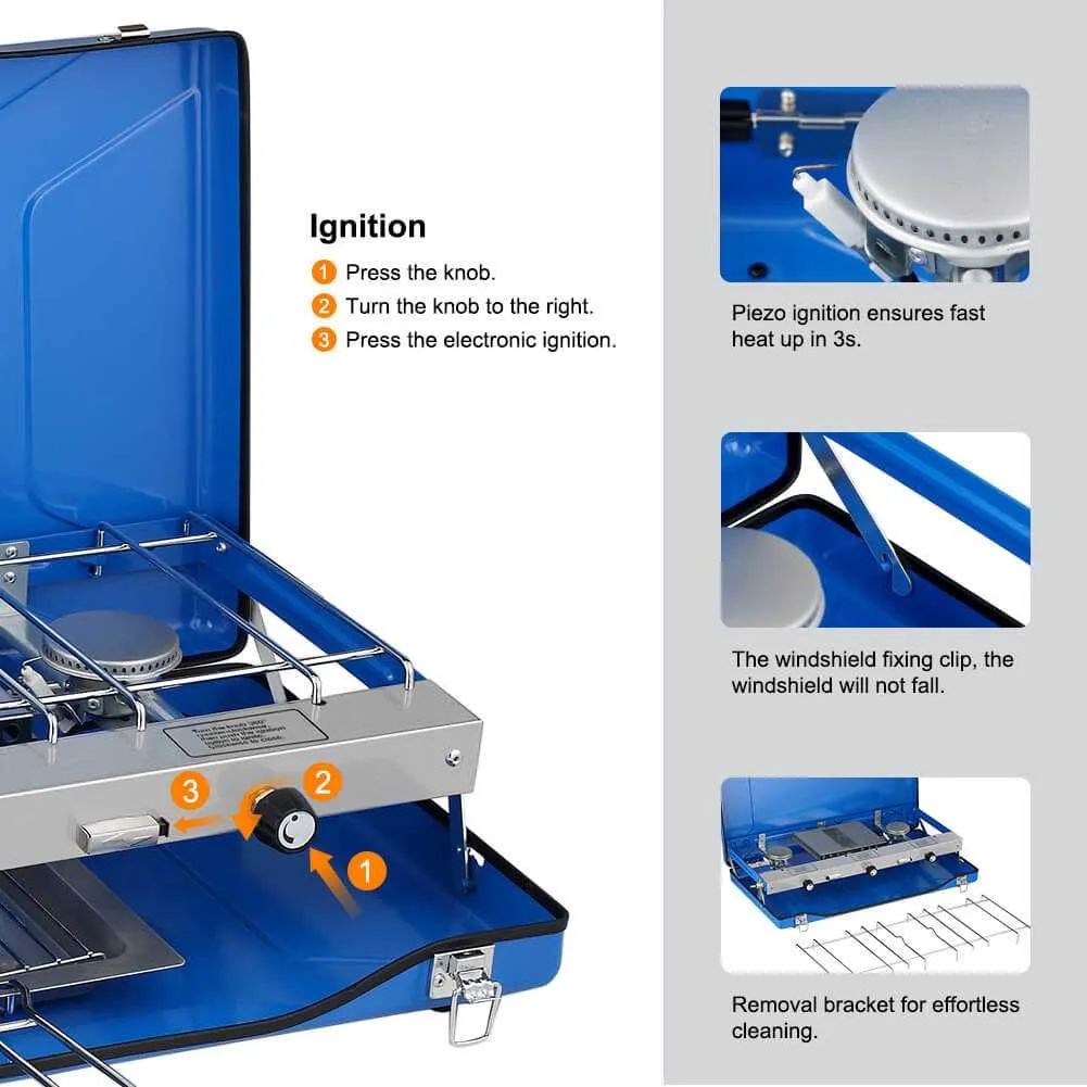 Camplux Propane Camping Stove 2 Burners & 1 Grill, 20,400 BTU Auto-Ignition