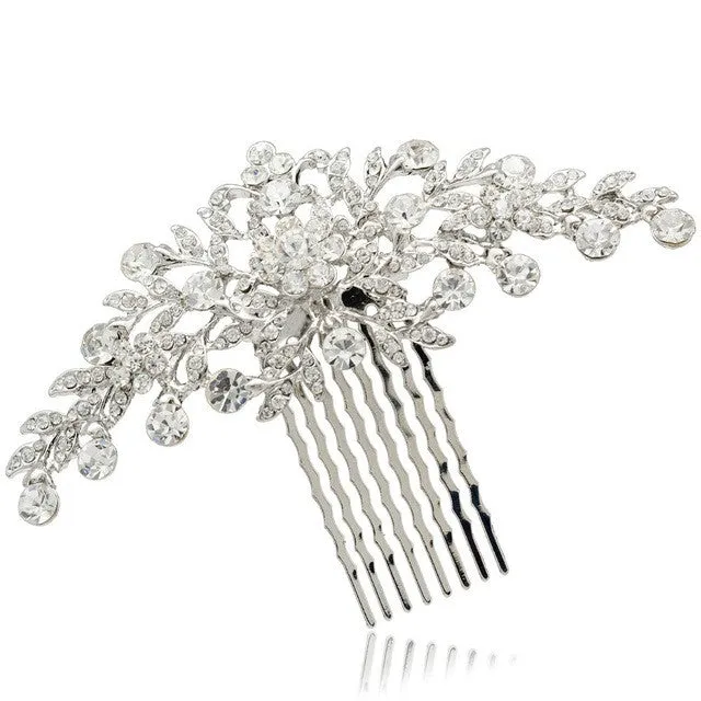 Clear Rhinestone Crystals Wedding Bride Bridal Floral Hair Comb Head Pieces Accessories