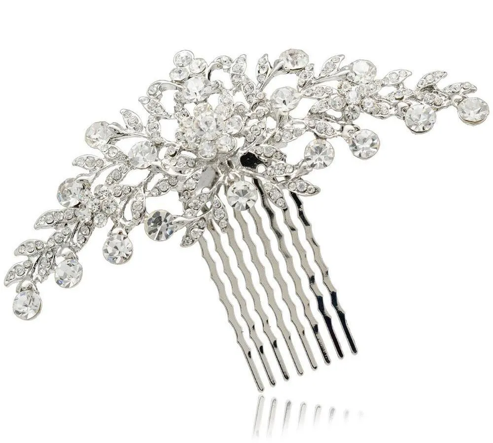 Clear Rhinestone Crystals Wedding Bride Bridal Floral Hair Comb Head Pieces Accessories