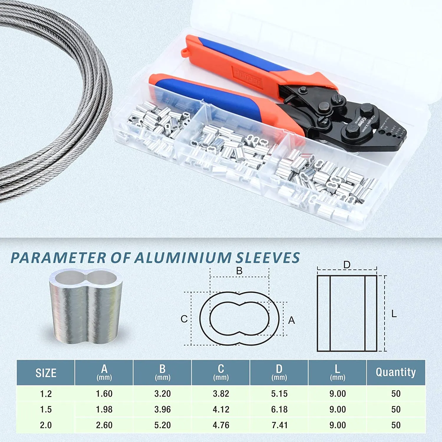 CWR1522 Wire Rope Crimping Tool with 150pcs Aluminum Double Sleeves, Wire Rope Cutter