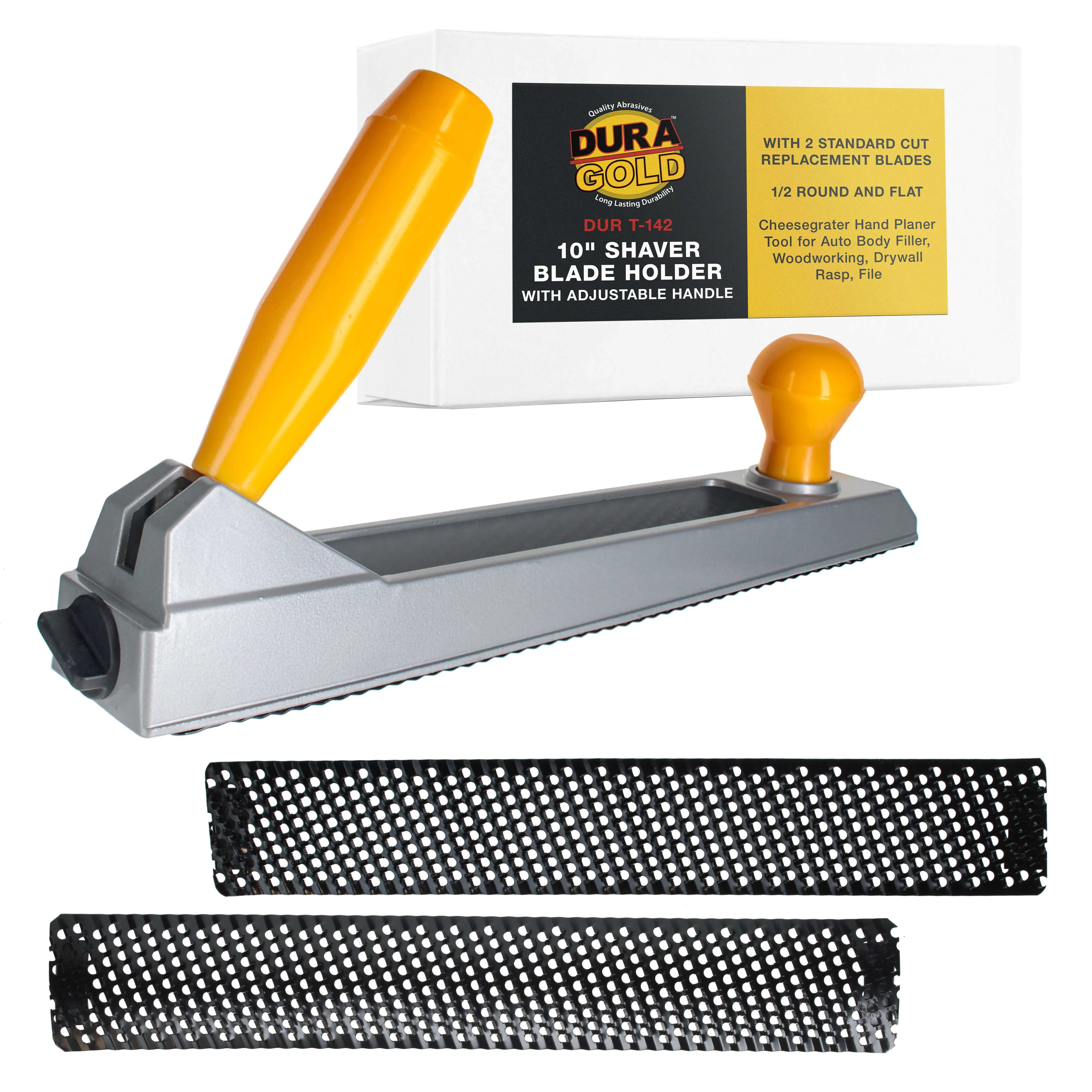 Dura-Gold 10" Shaver Blade Holder with Adjustable Handle and 2 Standard Cut Replacement Blades, 1/2 Round and Flat - Cheesegrater Hand Planer Tool