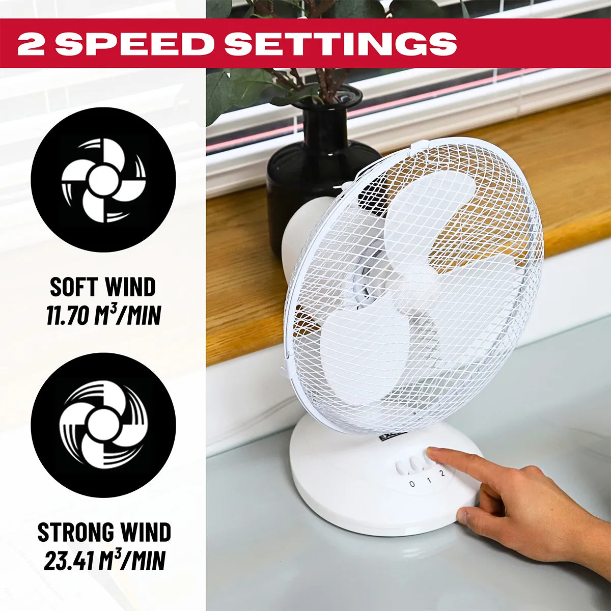 Excel 9" Table Desk Fan Adjustable Tilt Head with 2 Speed White