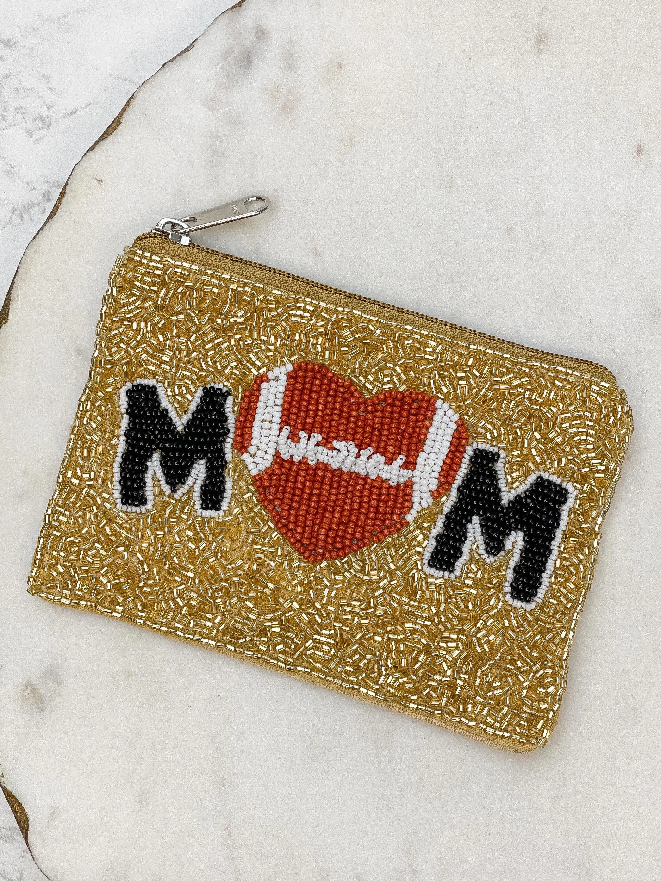 Football Heart 'Mom' Beaded Zip Pouch - Gold