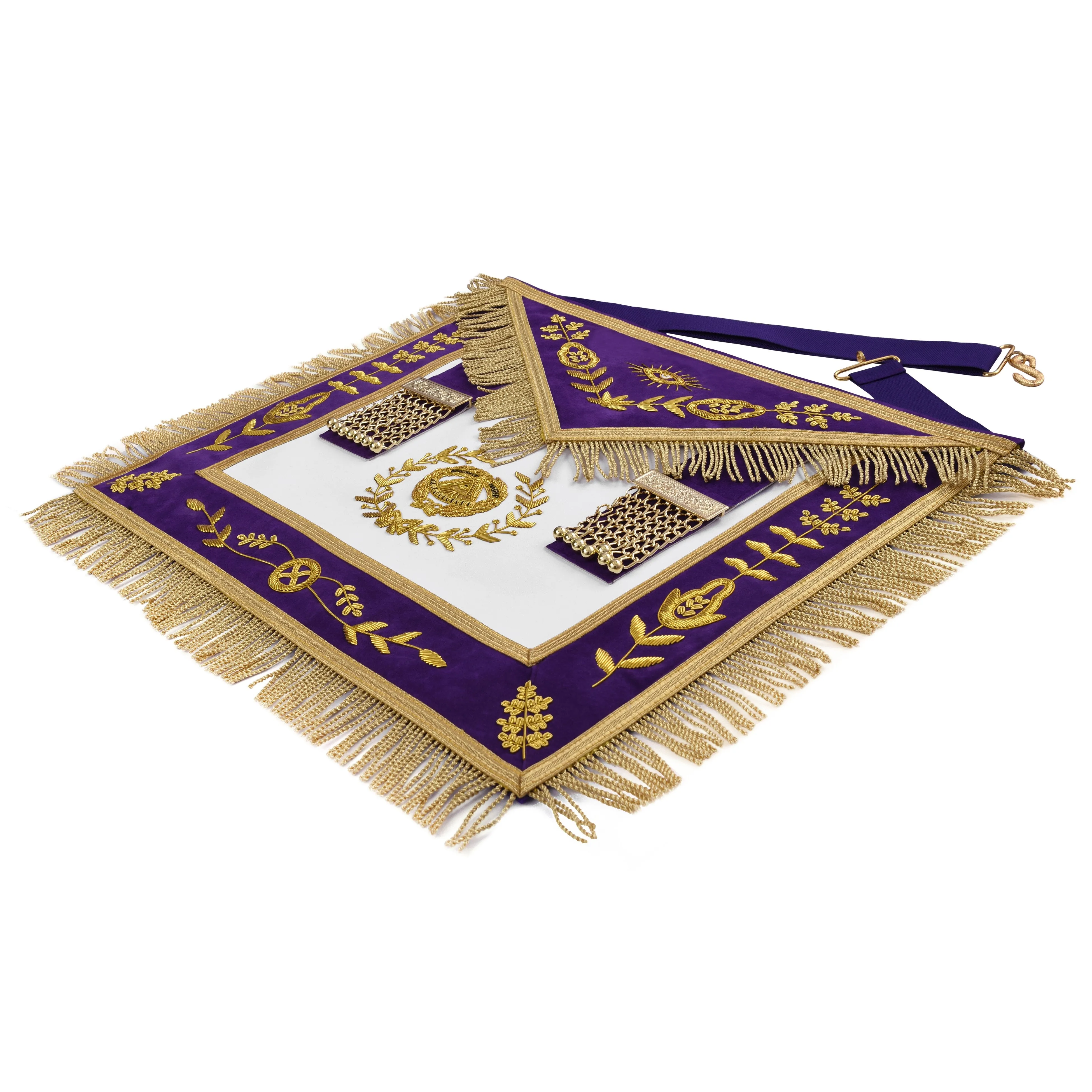 Grand Master Blue Lodge Apron - Purple Velvet Gold Bullion With Golden Braid Fringe