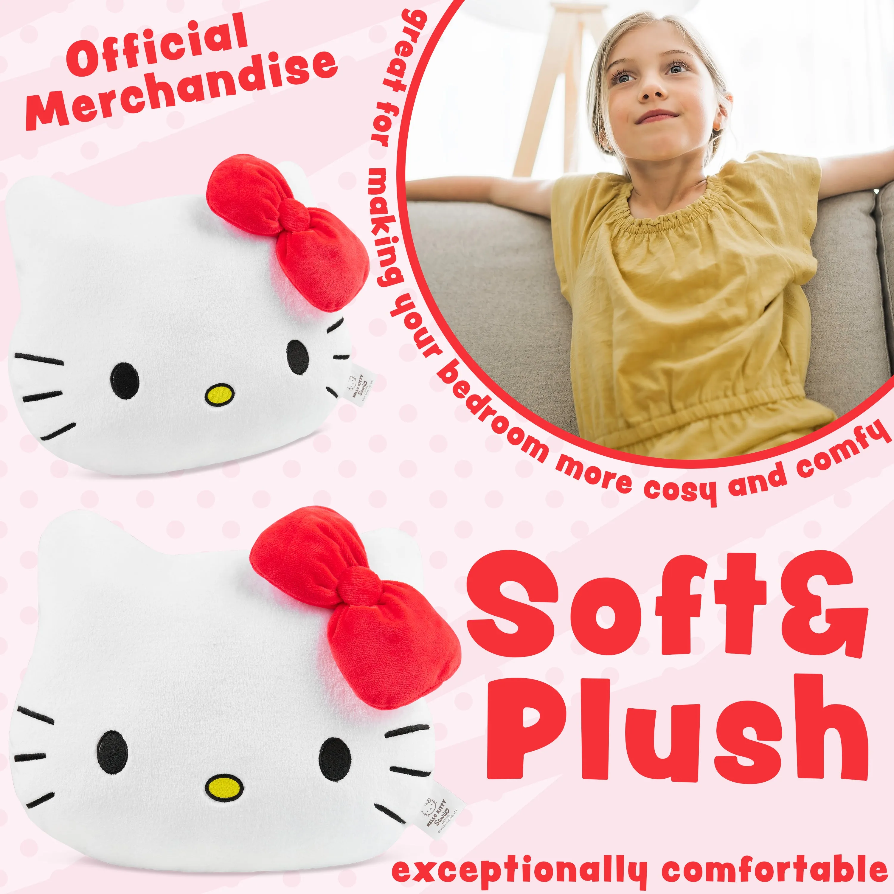 Hello Kitty 3D Plush Pillow Cushion for Bed, Sofa, Cuddle Cushion Women Teens Kids Kawaii Bedroom Accessories 37 x 32cm Gifts for Her