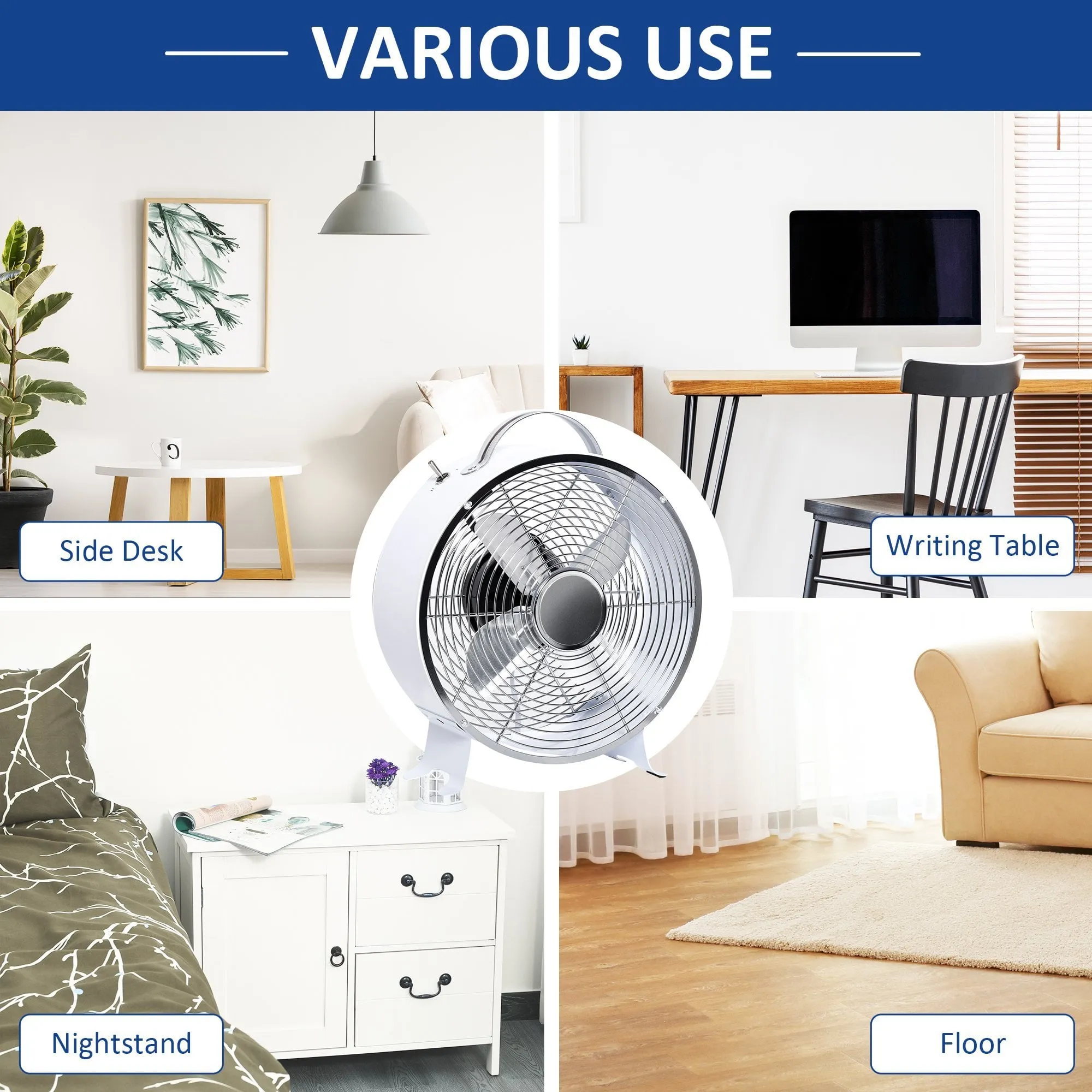 HOMCOM 26cm Electrical Table Desk Fan with 2-Speed  Portable Personal Cooling Fan for Home Office Dorm, White Office,White