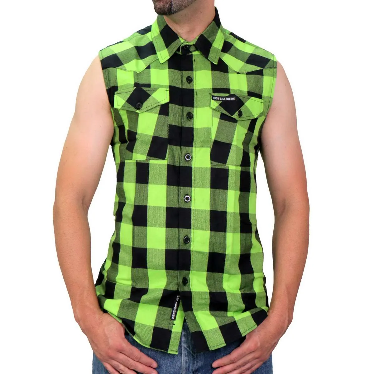 Hot Leathers GMS3492 Men’s Black and Green Shredder Skull Sleeveles Flannel Shirt