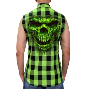 Hot Leathers GMS3492 Men’s Black and Green Shredder Skull Sleeveles Flannel Shirt