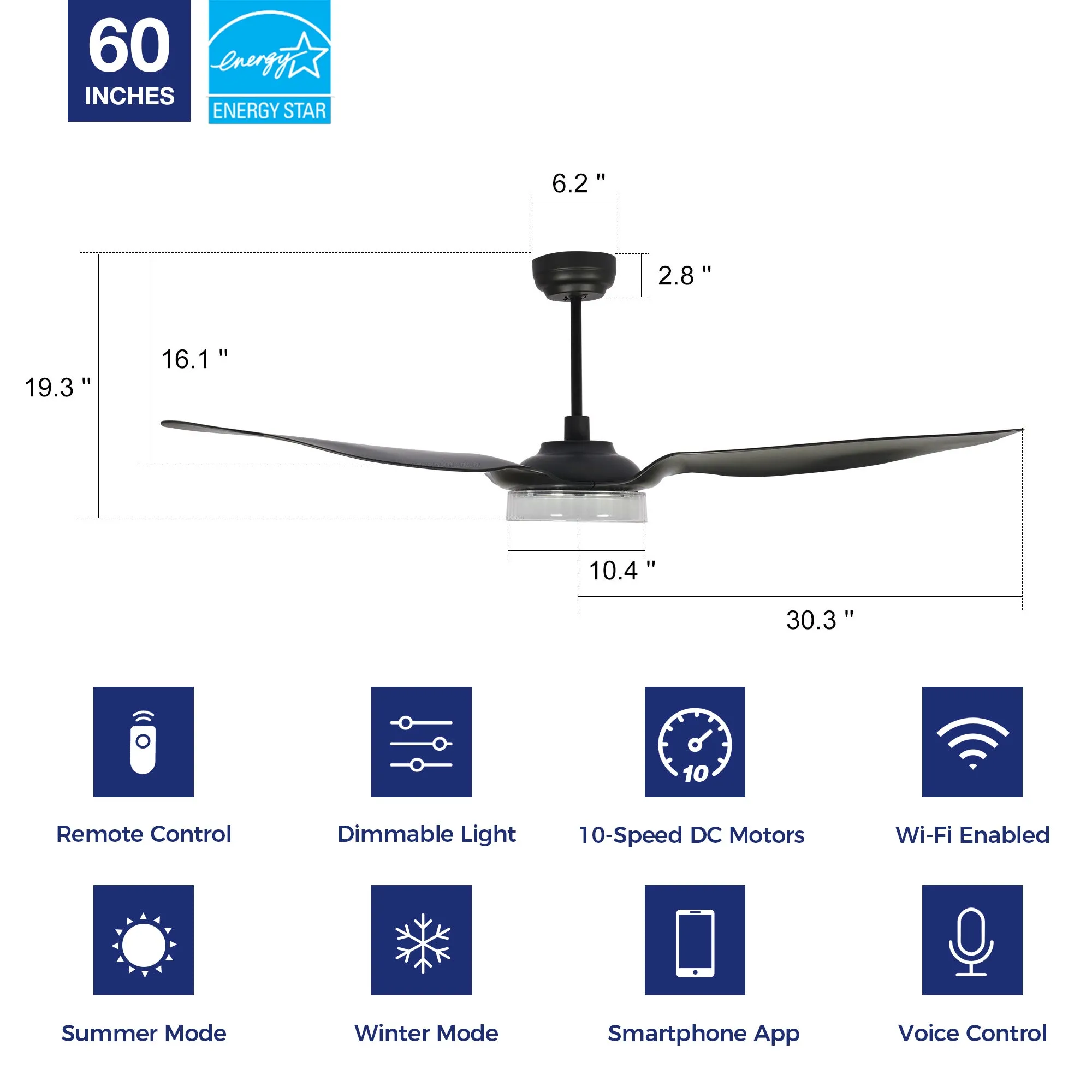 Icebreaker 60 inch Smart Ceiling Fan with LED Light and Remote- Set of 2