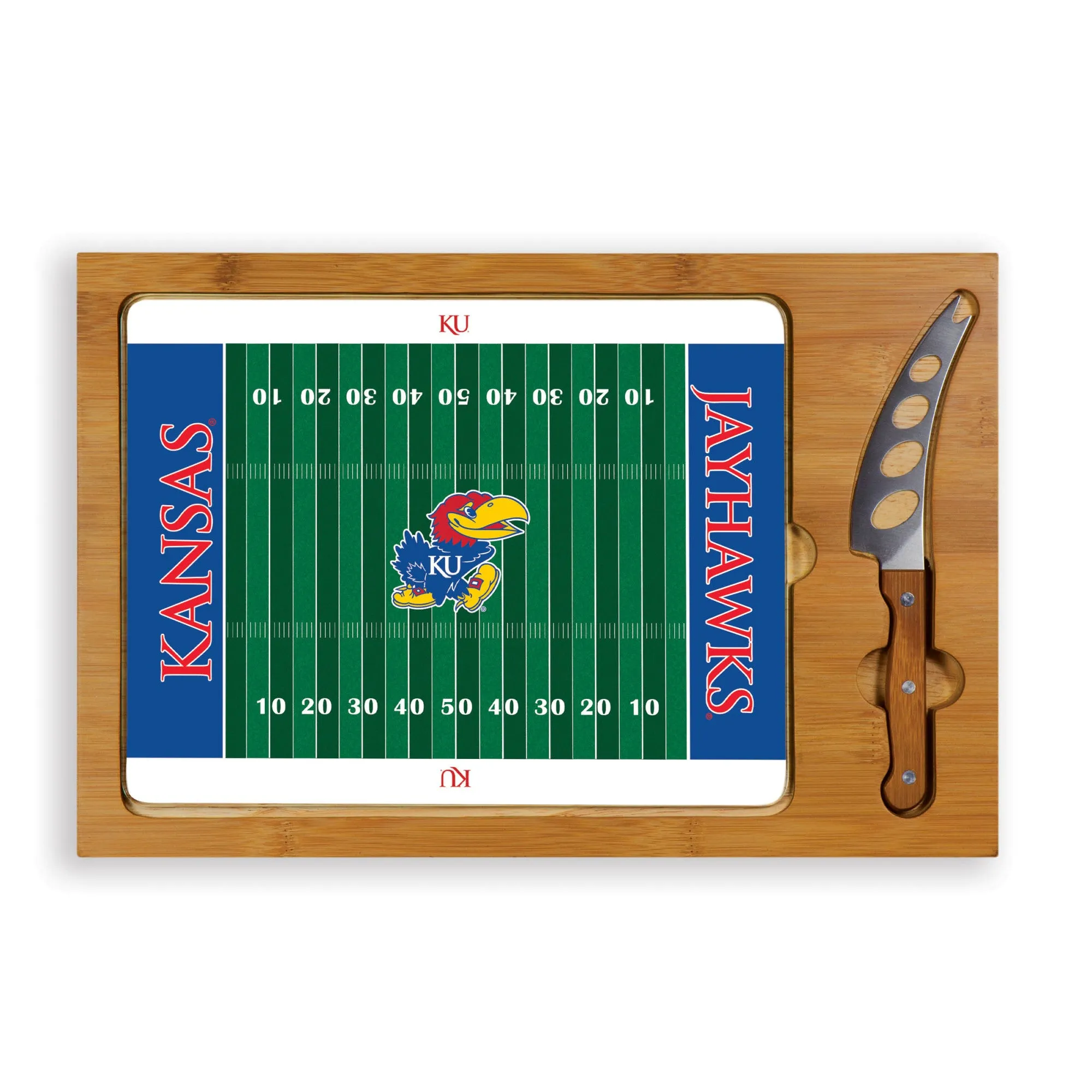 Kansas Jayhawks Football Field - Icon Glass Top Cutting Board & Knife Set