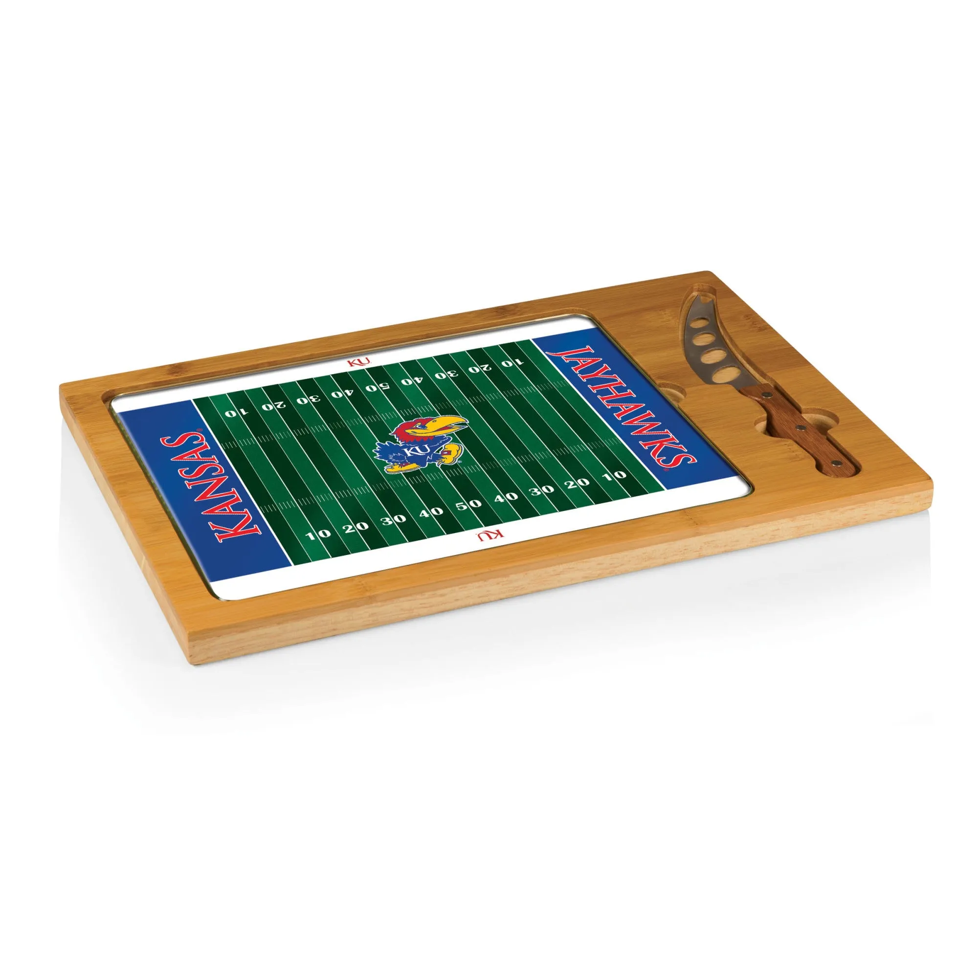 Kansas Jayhawks Football Field - Icon Glass Top Cutting Board & Knife Set