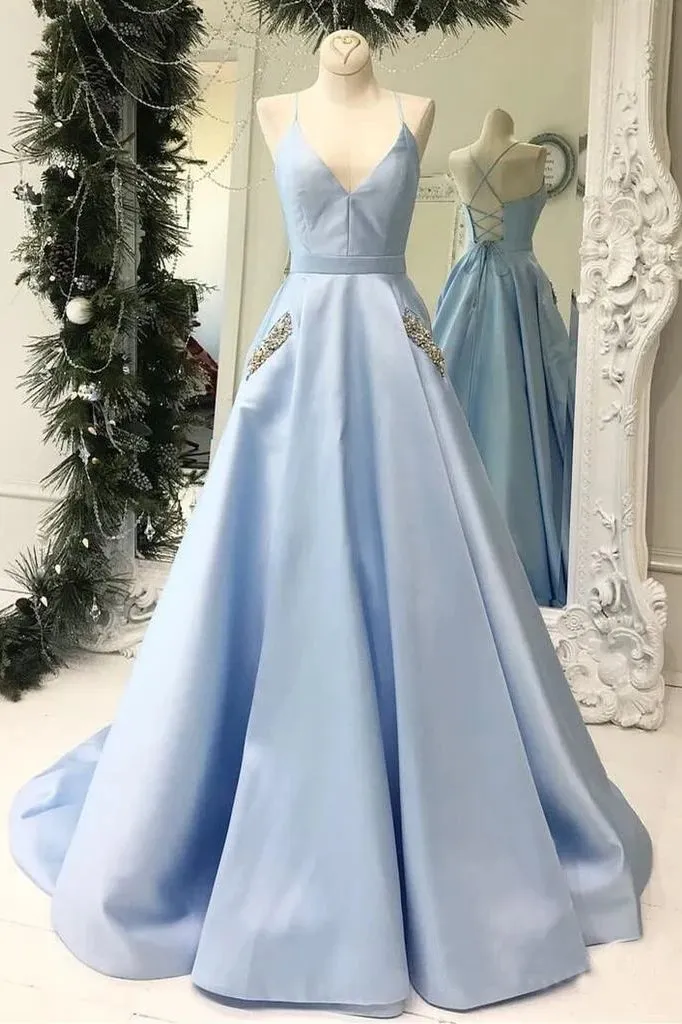 Light Blue V Neck Floor Length Satin Prom Dress with Pockets, Long Formal Dress UQ2038