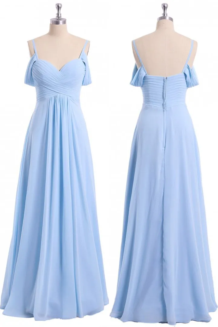 Light Sky Blue Off Shoulder Spaghetti Strap Chiffon Dresses, Floor Length Formal Dress UQ2057