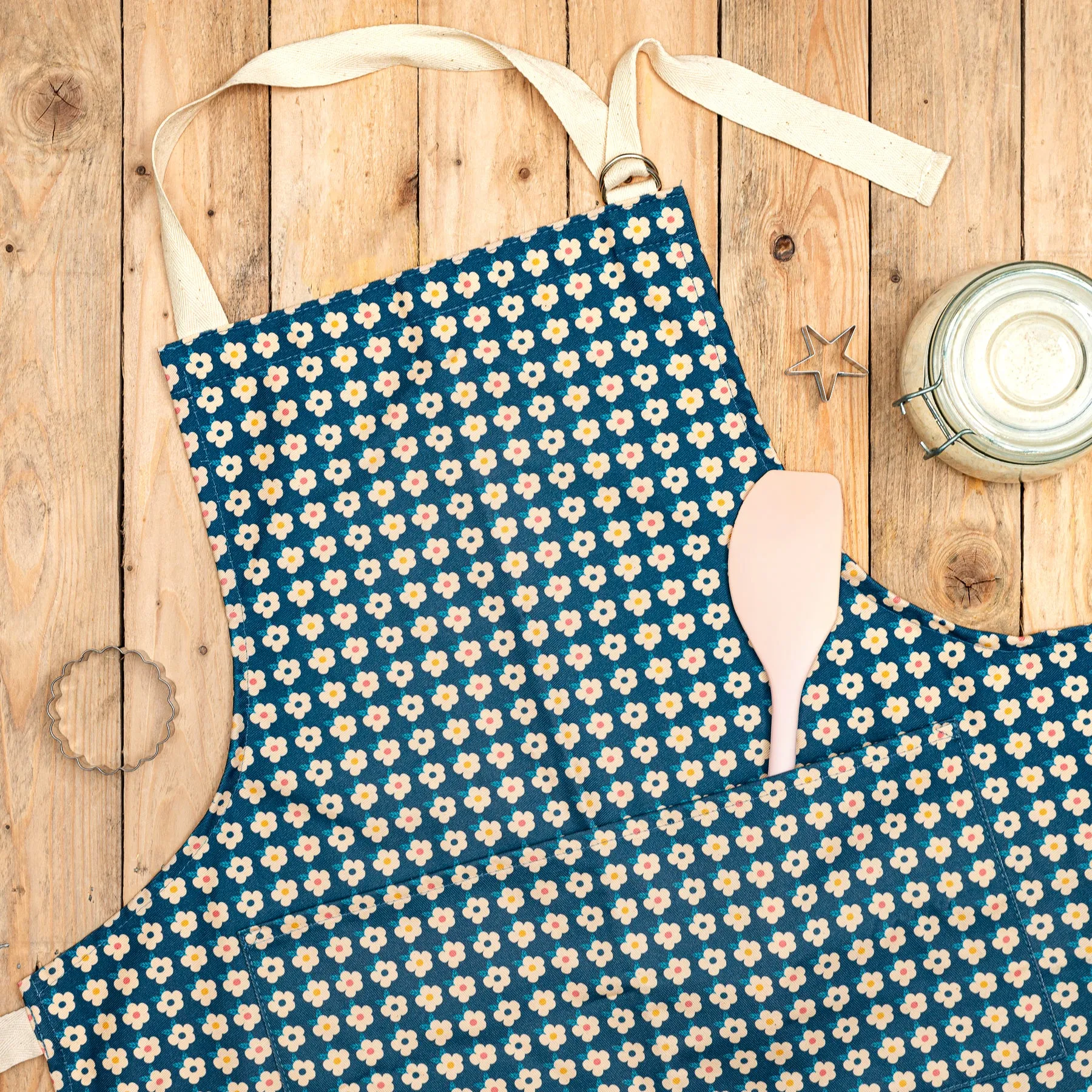 Midnight Navy Blue Retro Floral Print Apron - Enamelhappy