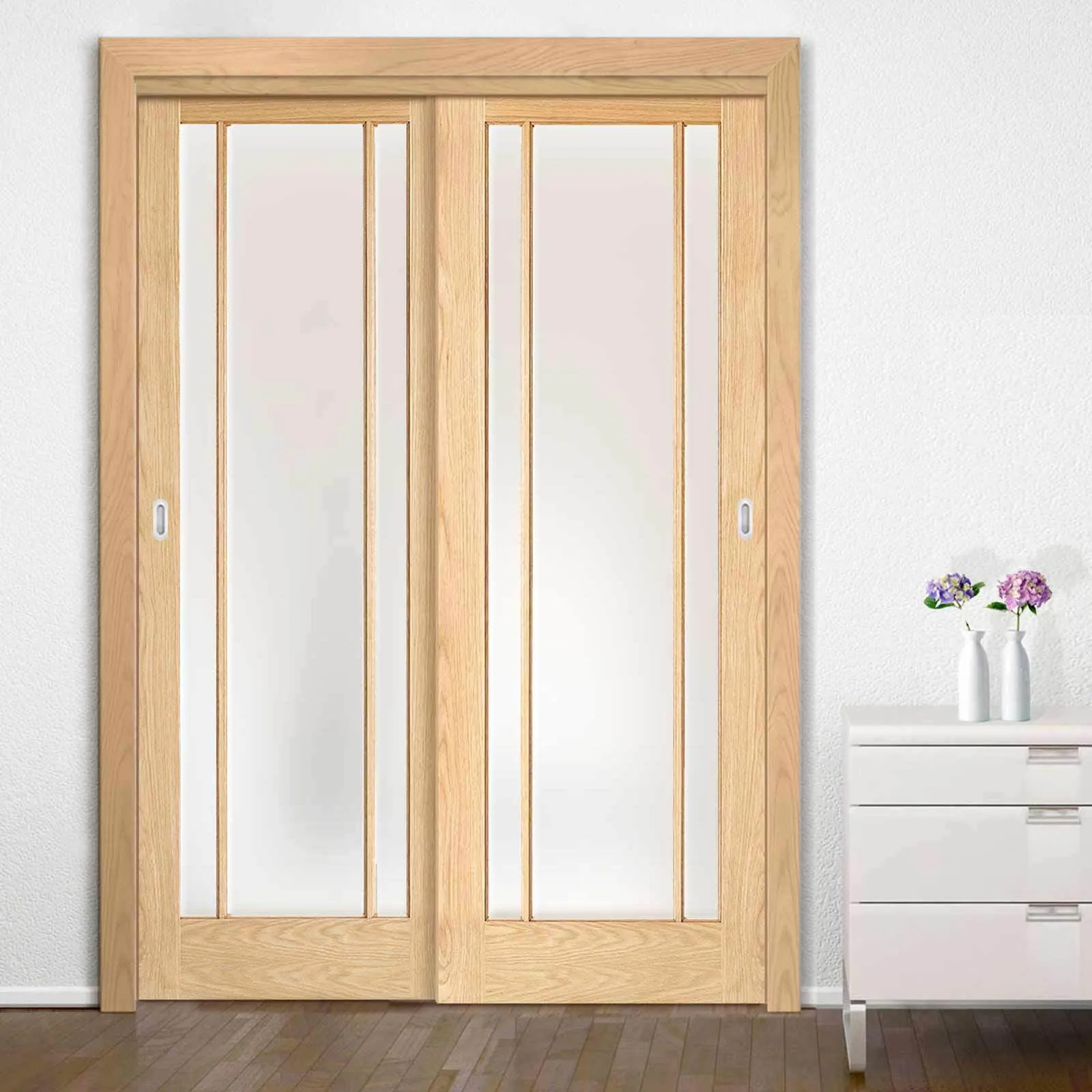 Minimalist Wardrobe Door & Frame Kit - Two Lincoln Glazed Oak Doors - Frosted Glass - Unfinished