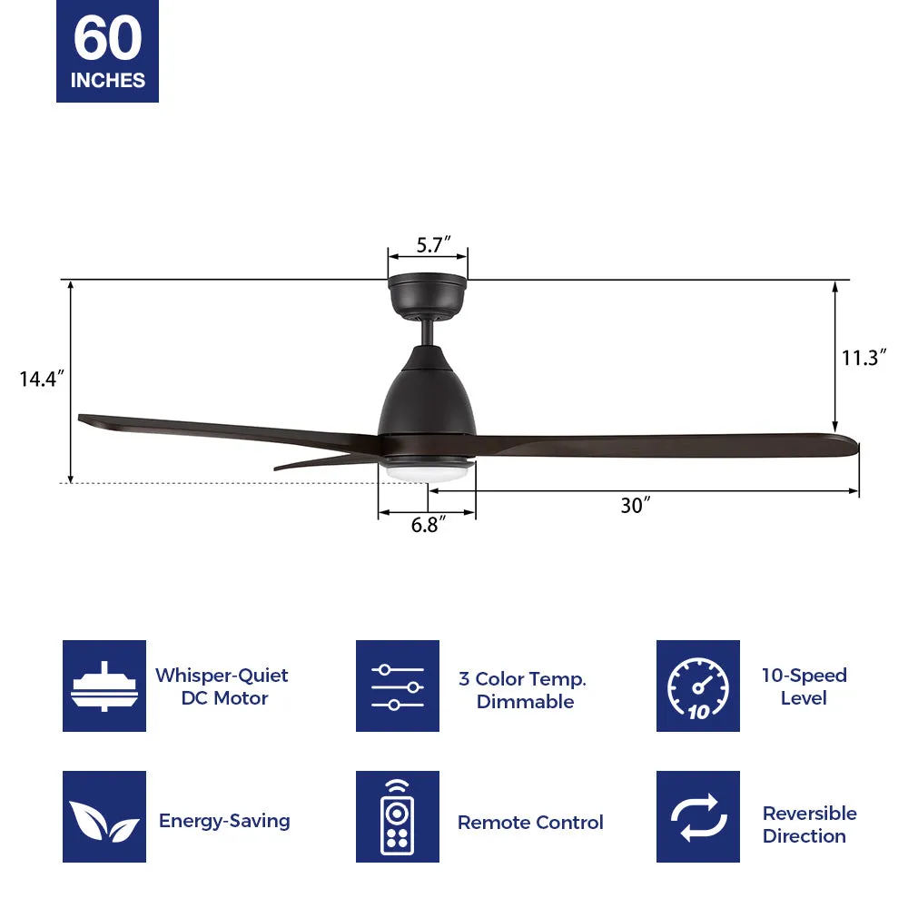 Nephele Black Wood Ceiling Fan with LED Light and Remote 60 inch