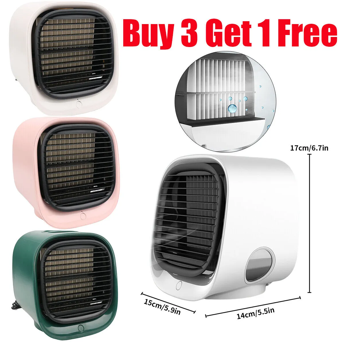 (NET)Portable Air Cooler Conditioner Usb Rechargable Humidifier Purifier Room Cooling 3 Adjustable Speeds