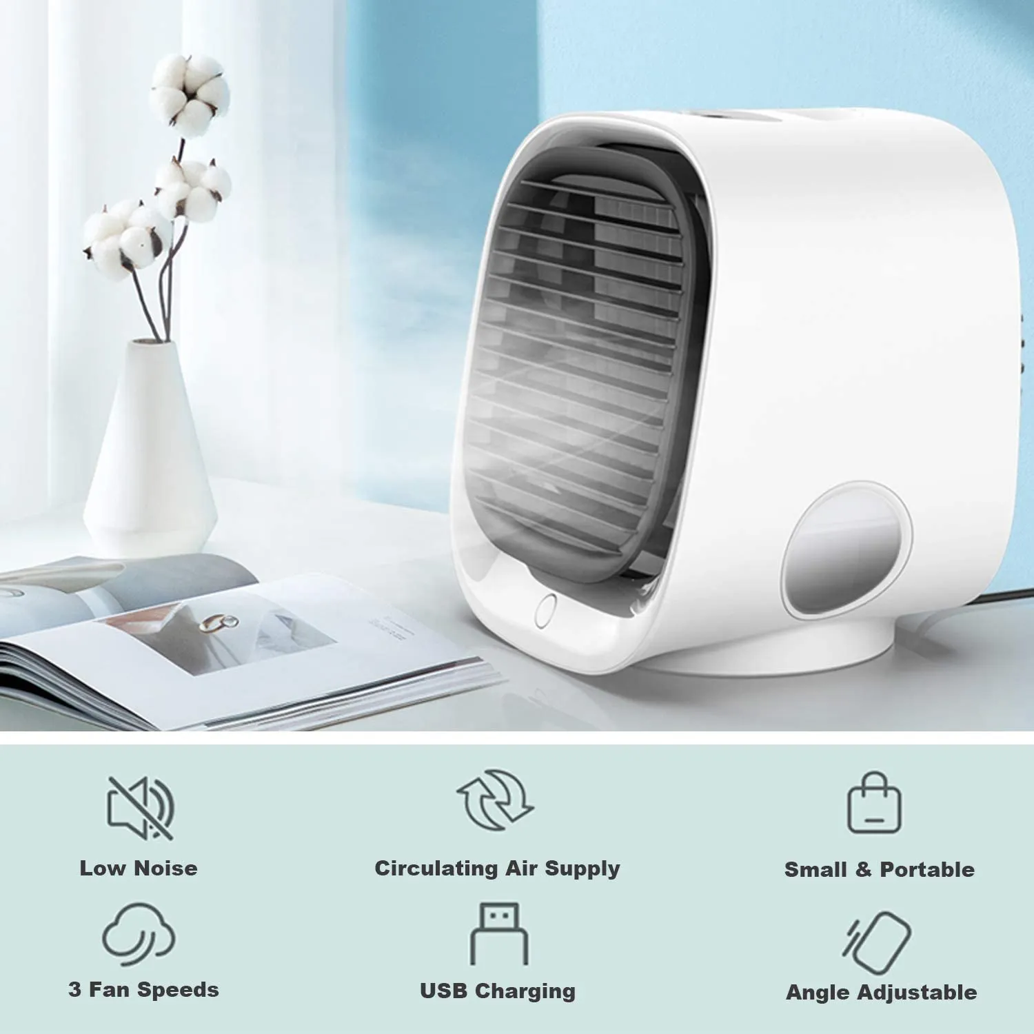 (NET)Portable Air Cooler Conditioner Usb Rechargable Humidifier Purifier Room Cooling 3 Adjustable Speeds