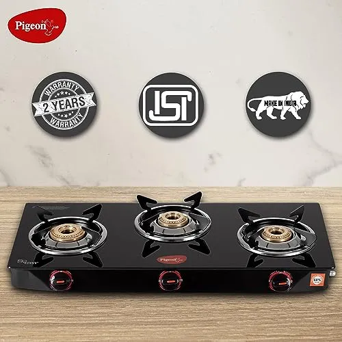 Pigeon by Stovekraft Aster 3 Burner Gas Stove with High Powered Brass Burner Gas Cooktop, Cooktop with Glass Top and Powder Coated Body, Black, Manual Ignition, Standard (14267)