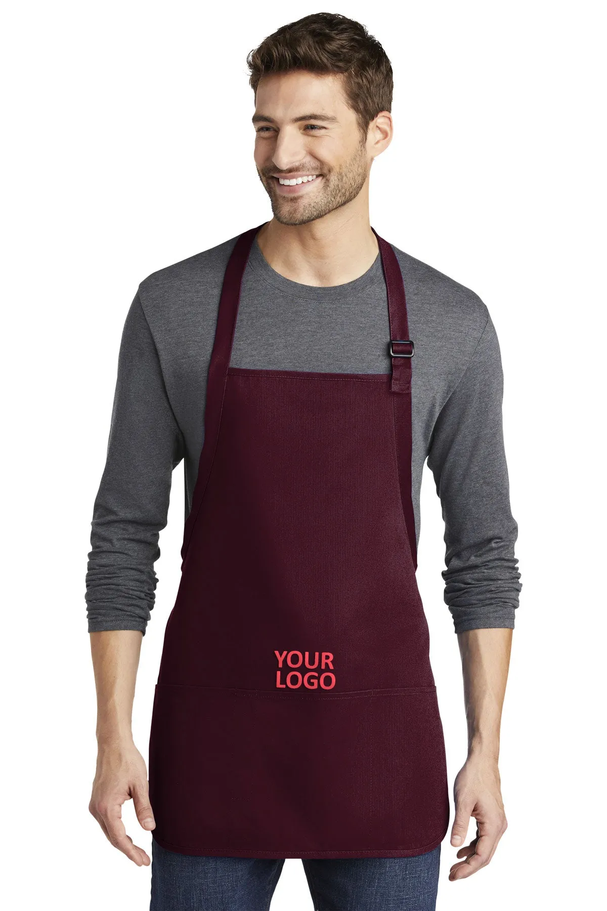 Port Authority Medium-Length Custom Aprons with Pouch Pockets, Maroon