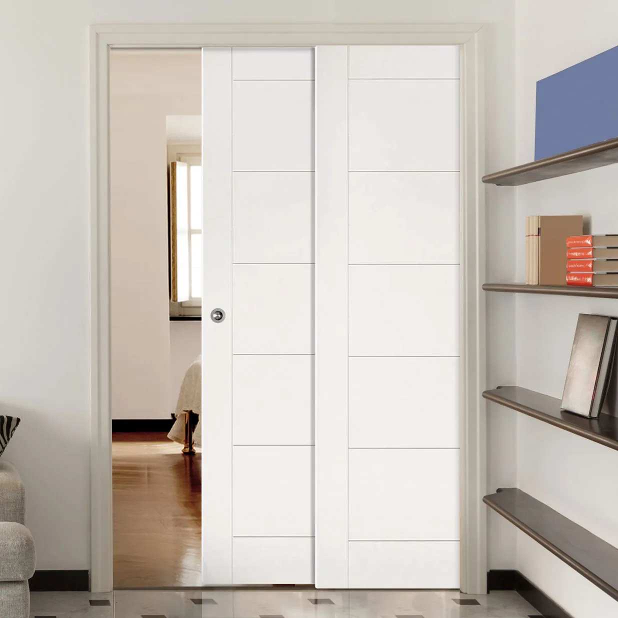 Seville Flush Staffetta Twin Telescopic Pocket Doors - White Primed