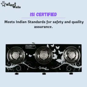 Sigri-wala Surya Sleek ISI Certified Toughened Glass Door Step Warranty Glass Manual Gas Stove (3 Burners)