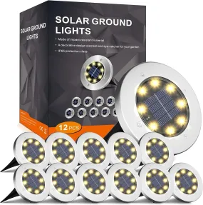 Solar Ground Lights, 8 LED Garden Lights Solar Powered,Disk Lights Waterproof In-Ground Outdoor Landscape Lighting for Patio Pathway Lawn Yard Deck Driveway Walkway,Warm White 12 Packs