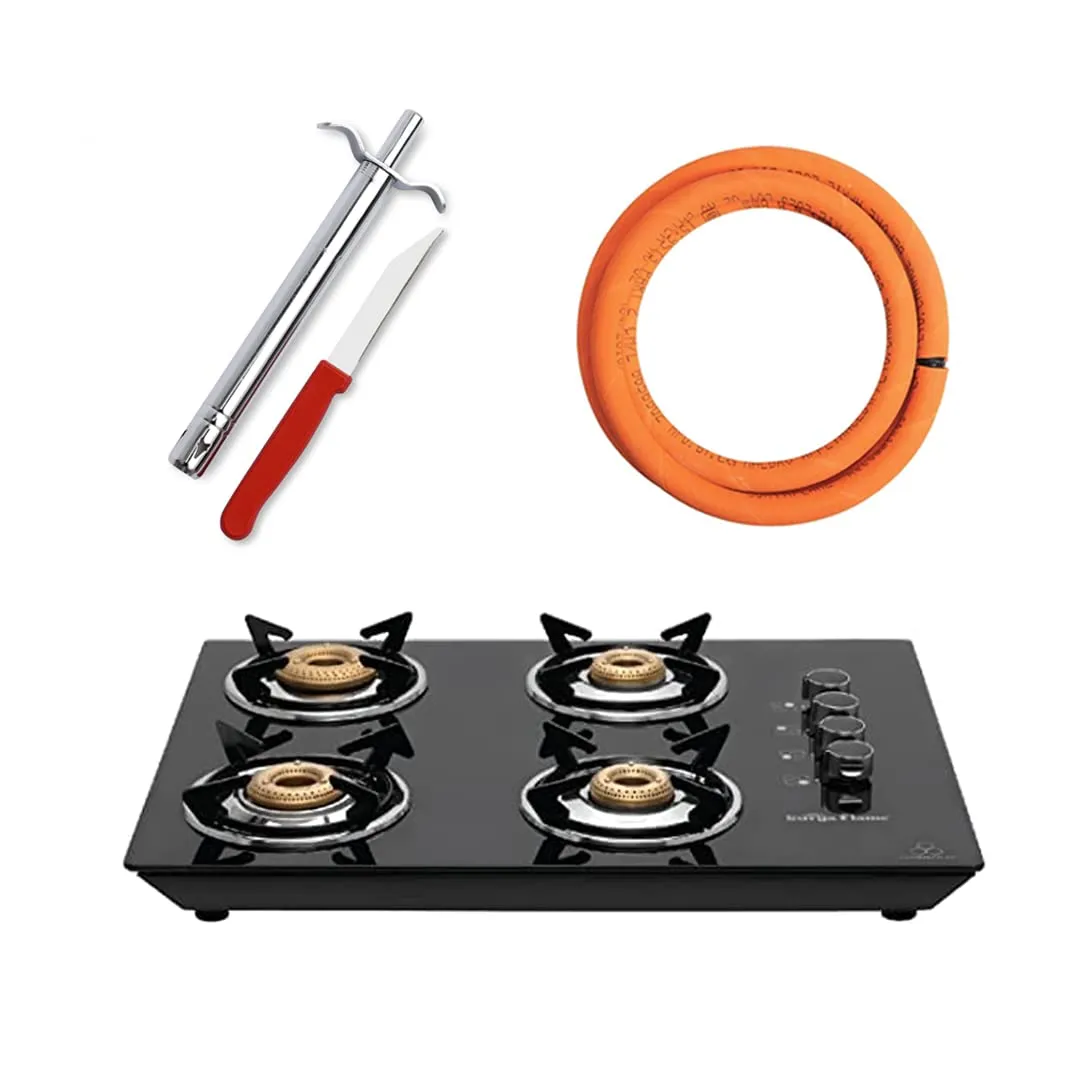 Surya Flame Apollo Round Hob Top 4 Burners Manual Glass Stove | LPG Gas Dual Layer Rubber Hose Pipe 1.5M | Premier Stainless Steel Gas Lighter with Knife